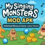 Colorful banner for My Singing Monsters MOD APK with playful design and bright text showing "Unlimited Money & Gems – Latest Version".