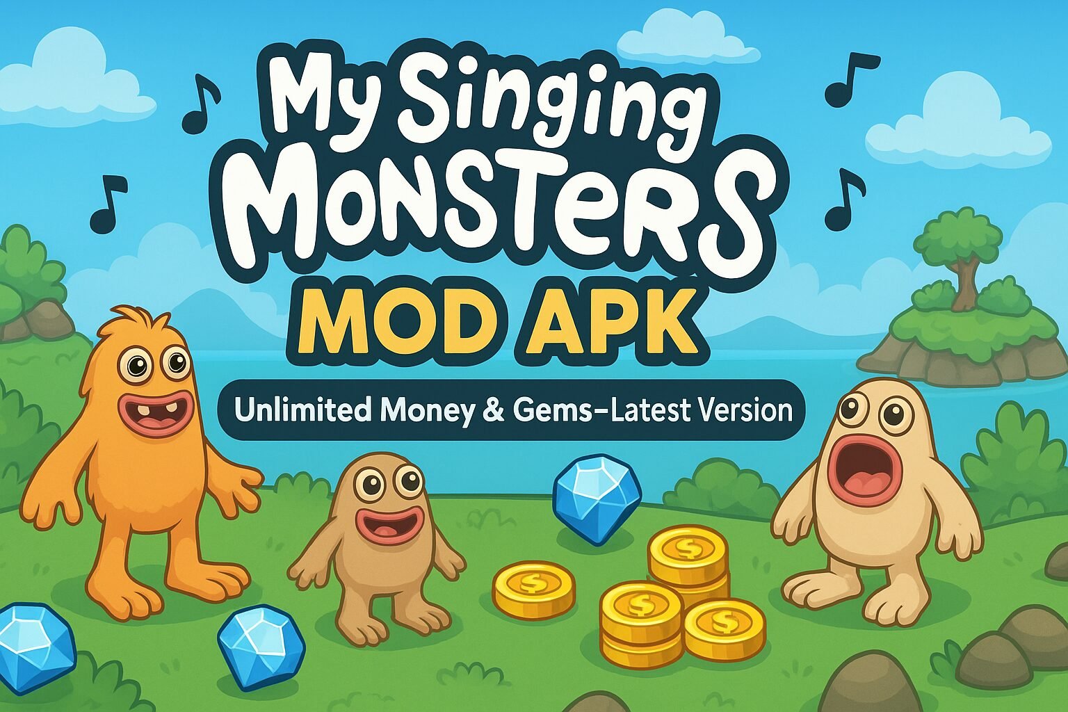 Colorful banner for My Singing Monsters MOD APK with playful design and bright text showing "Unlimited Money & Gems – Latest Version".