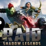 Fantasy RPG game banner for "Shadow Legends: Batalla Eterna" featuring a dark battlefield, legendary heroes including a knight, mage, and demon warrior, with a corrupted kingdom in the background under a glowing stormy sky.