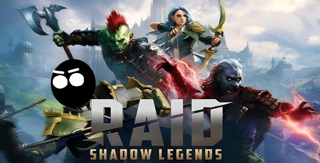Fantasy RPG game banner for "Shadow Legends: Batalla Eterna" featuring a dark battlefield, legendary heroes including a knight, mage, and demon warrior, with a corrupted kingdom in the background under a glowing stormy sky.